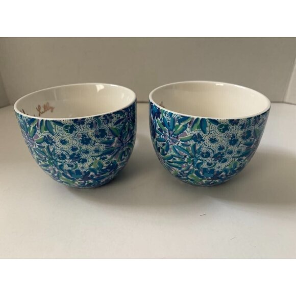 LILLY PULITZER Hidden Cat Floral Set of 2 Coffee Mug 12 oz Blue Purple Gold Trim - Picture 4 of 7